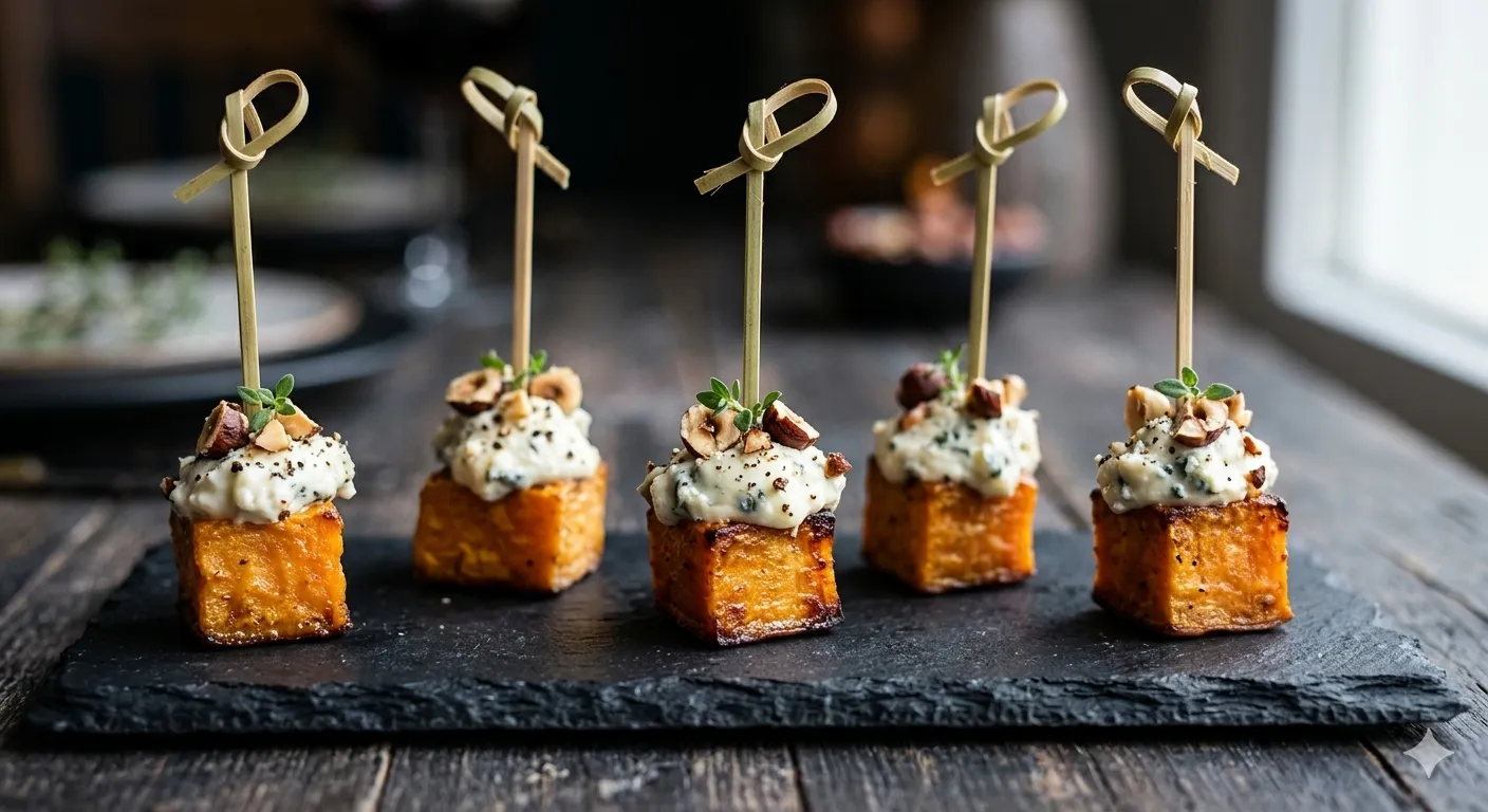 Plateau de Pics de Patate douce, Crème de bleu, noisettes grillées 24 pièces